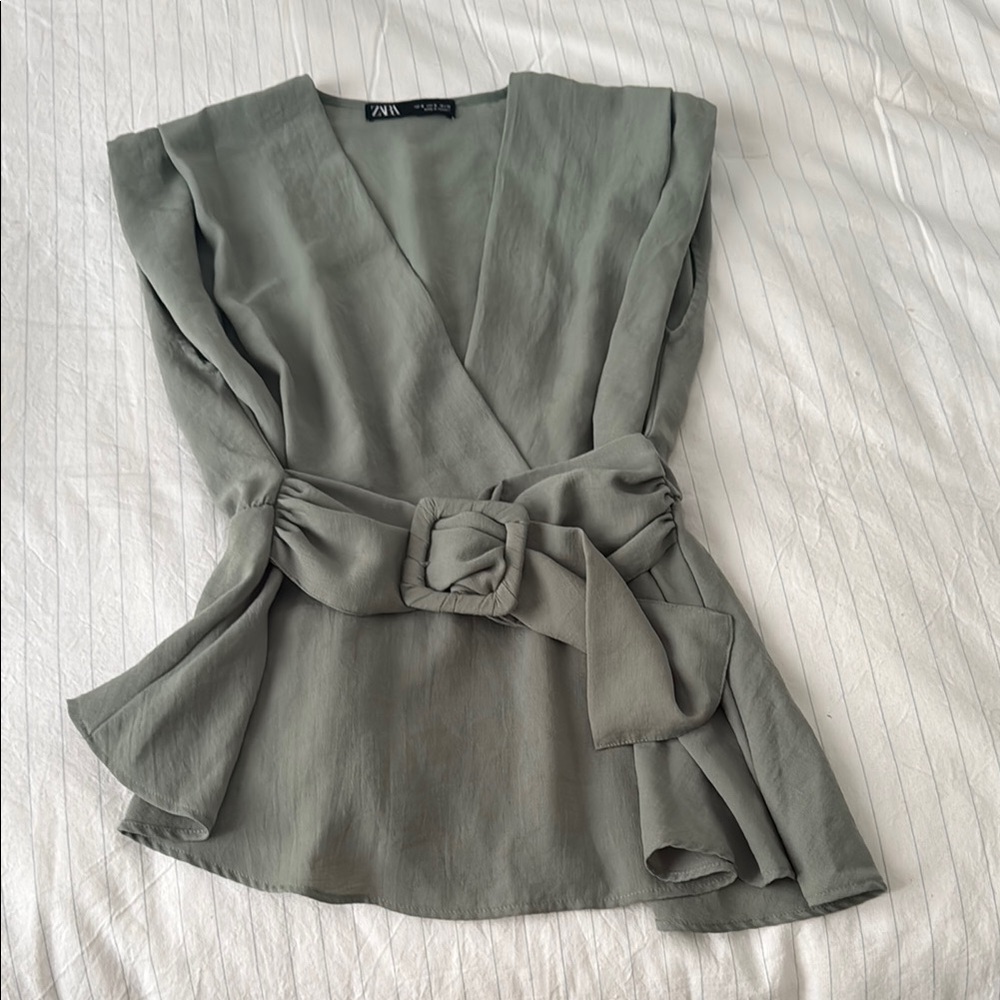 Zara Green Sleeveless Wrap effect Blouse